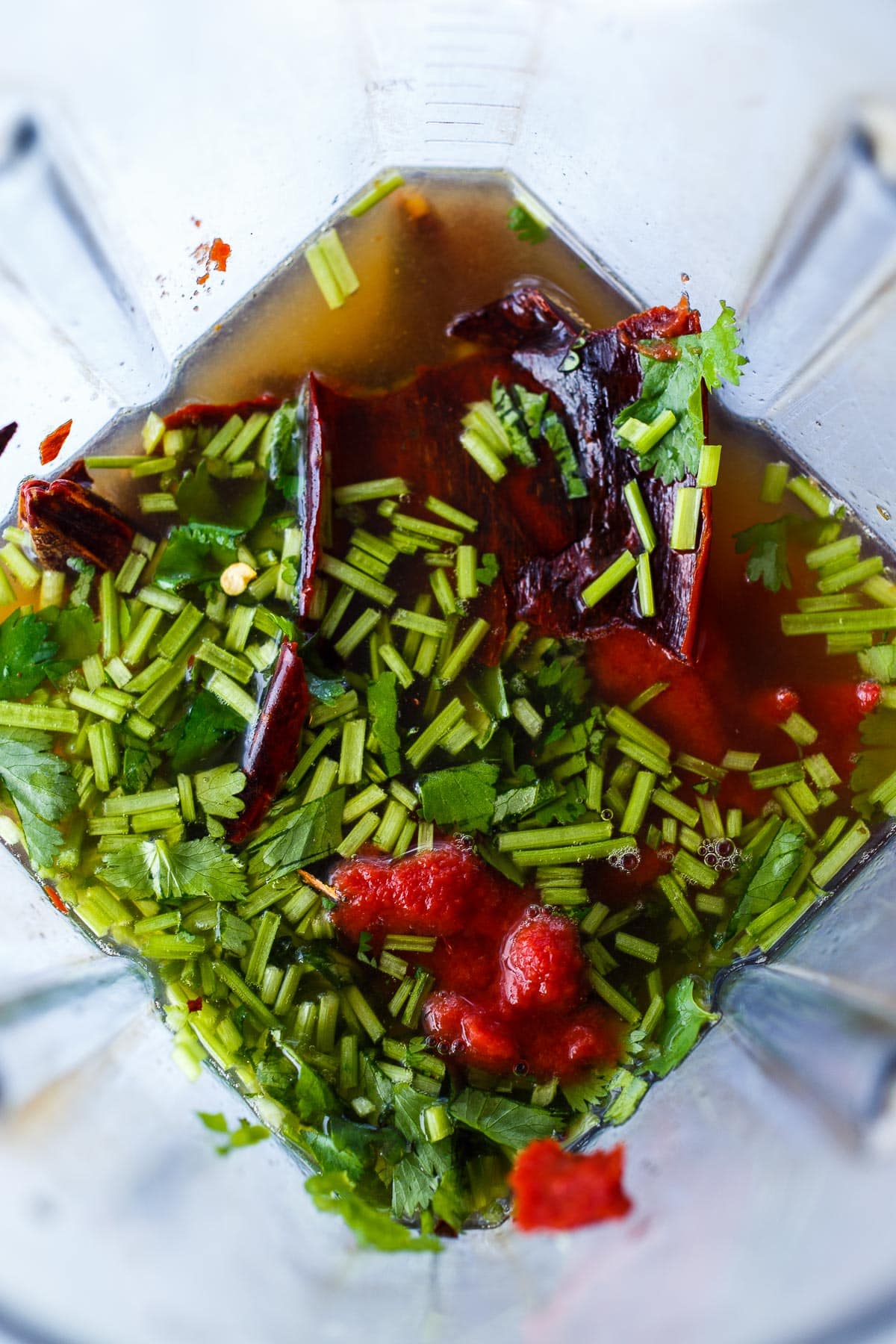 Broth, guajillo, tomato paste, cilantro stems in a blender.