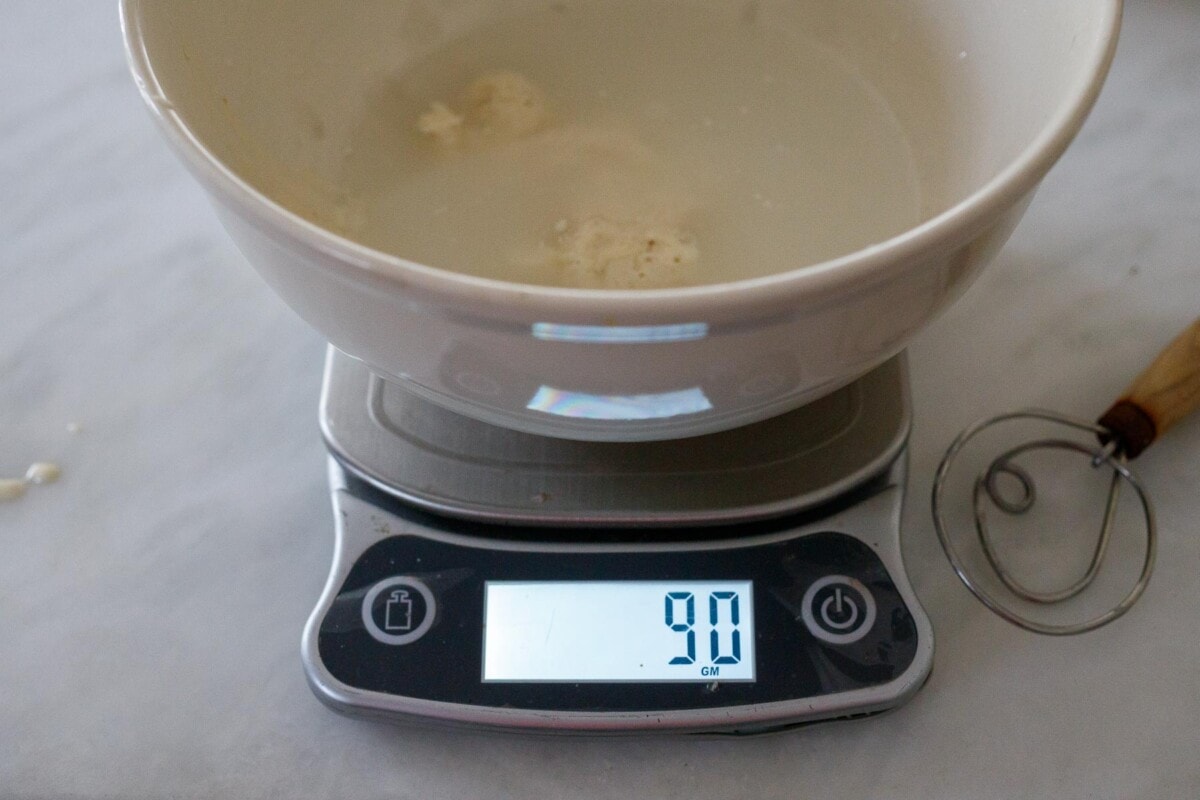weighing starter in a bowl.