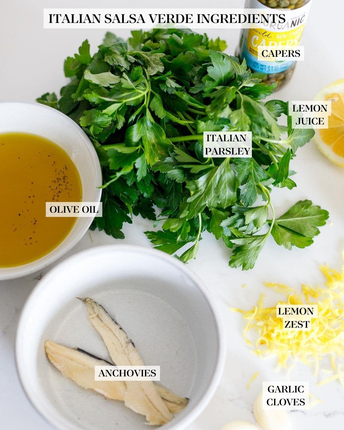 Italian salsa verde ingredients labeled - capers, lemon juice, Italian parsley, olive oil, anchovies, lemon zest, garlic cloves.