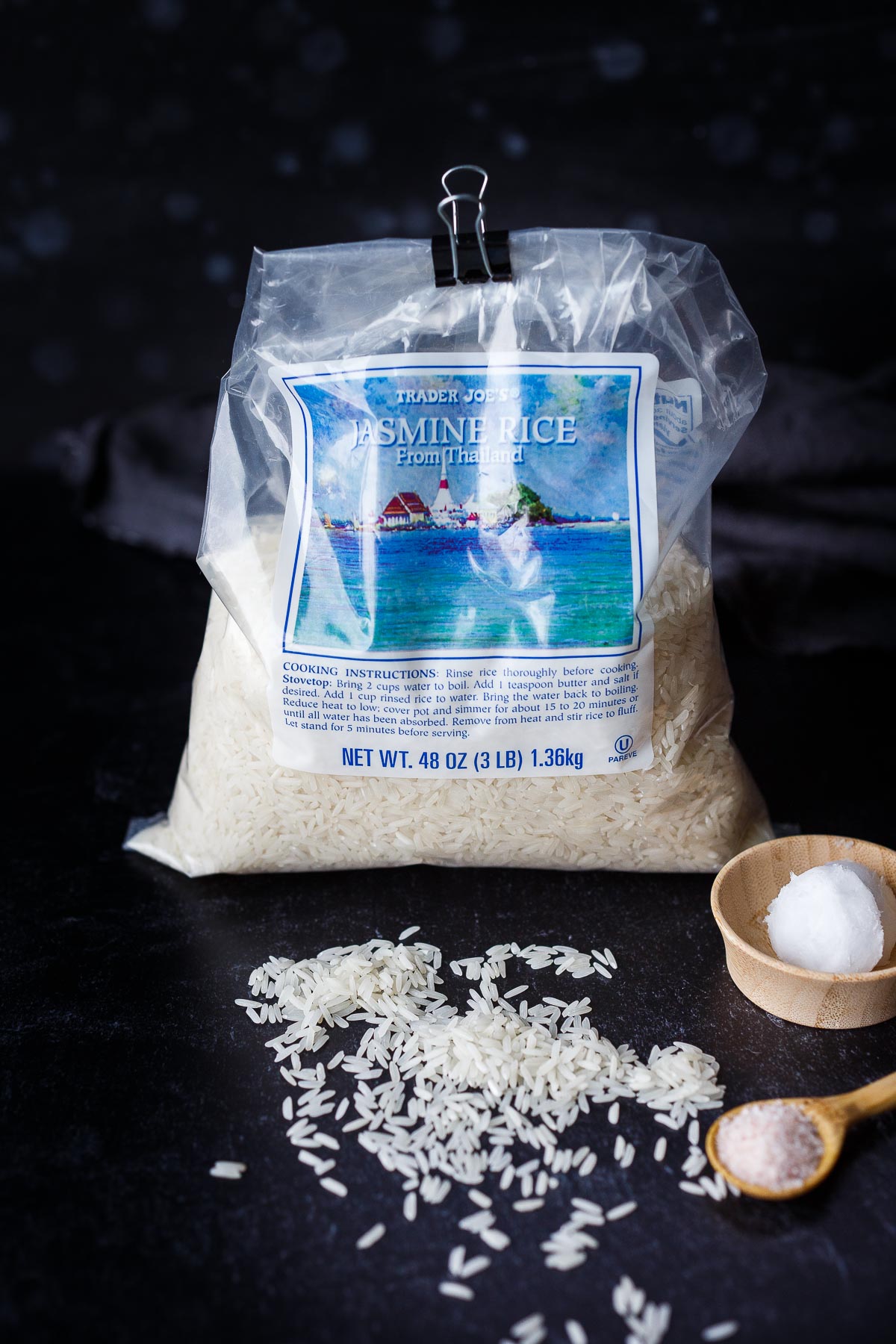 Jasmine Rice, coconut oil, salt.