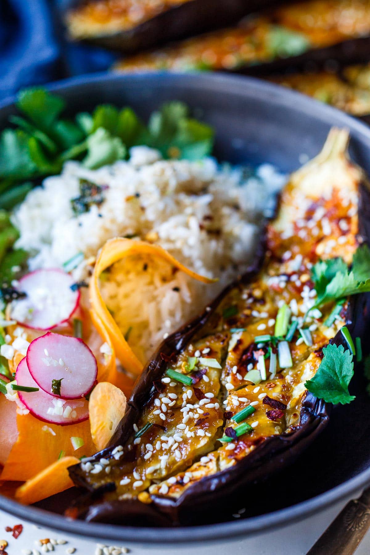 Miso Roasted Eggplant (Nasu Dengaku) is caramelized with an umami rich miso glaze, a simple vegan main dish or vegetable side dish that is easy and so savory. 