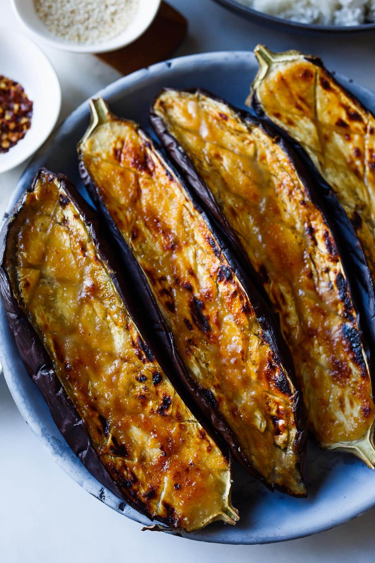 Baked eggplant with miso glaze.