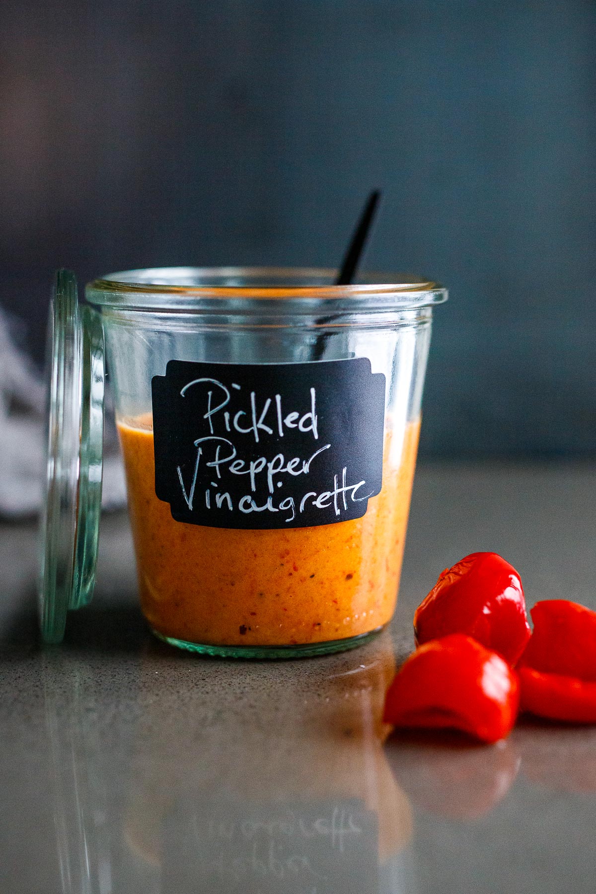 pickled Pepper vinaigrette in a weck jar