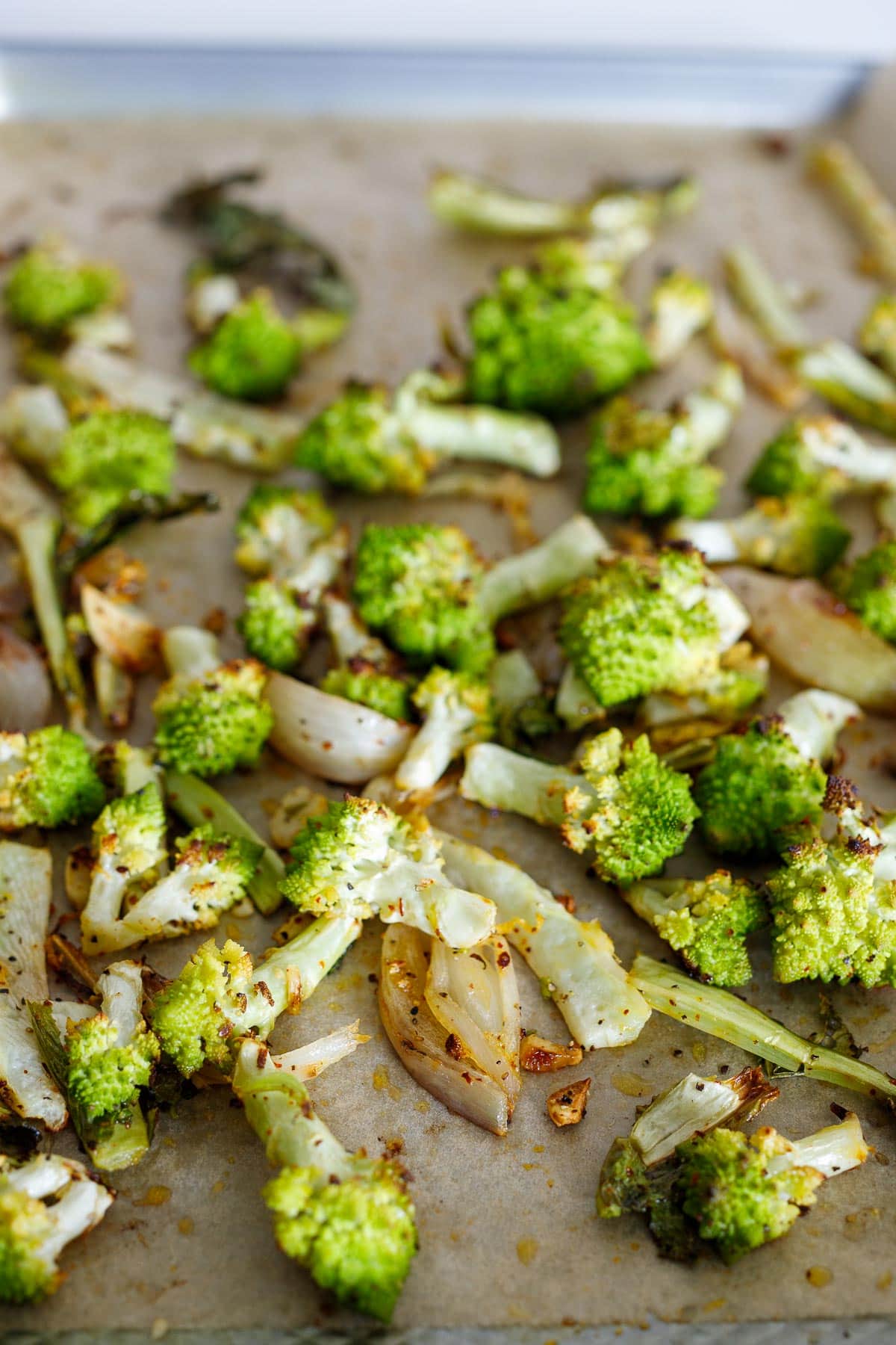 Roasted romanesco broccoli on a sheet pan. 