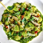How to cook Romanesco- broccoli and cauliflower's Italian cousin. Her we've roasted with garlic, shallots, & lemon, and served it with Italian Salsa Verde & Calabrian chilies.
