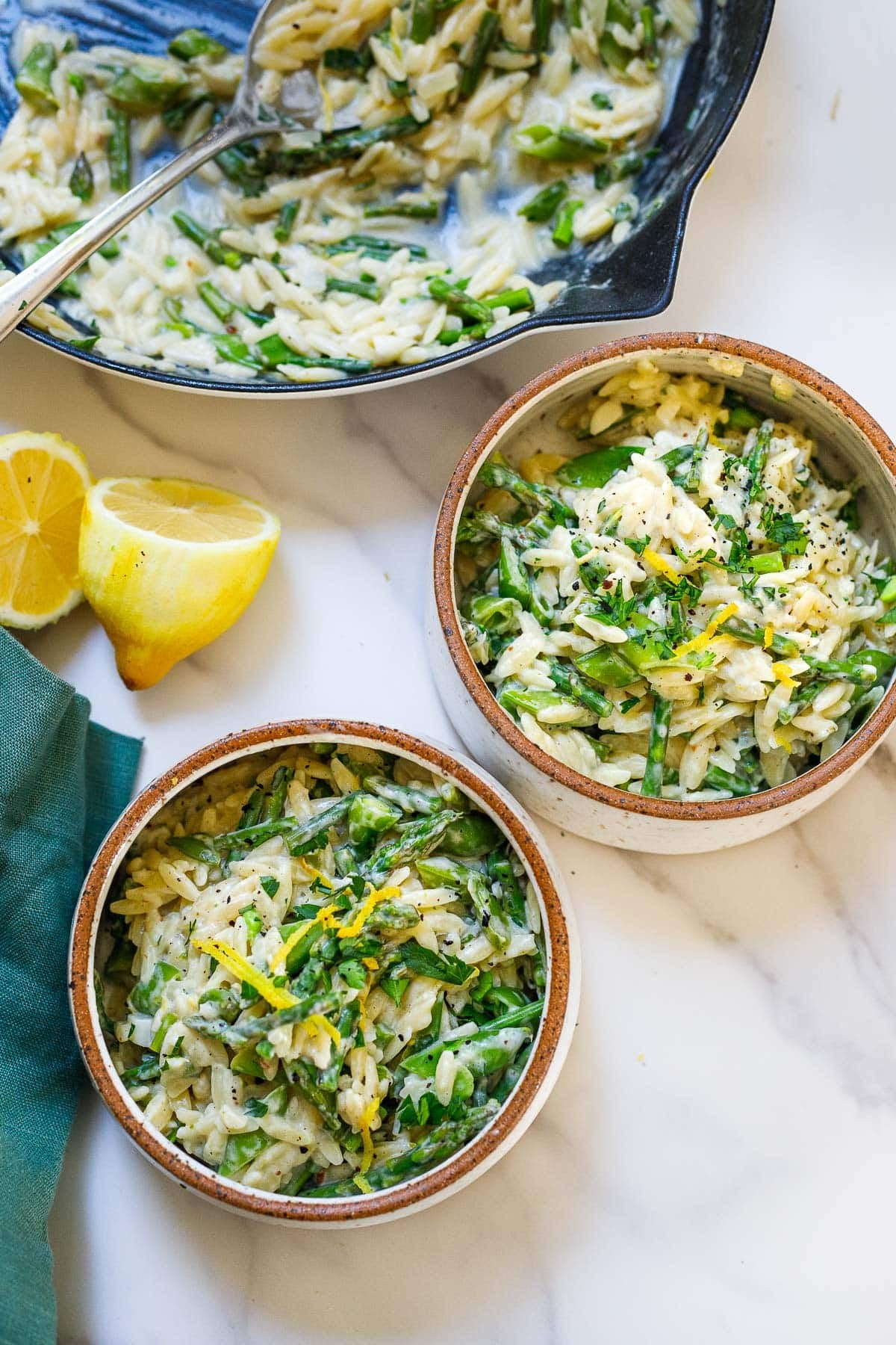 Creamy asparagus orzo- spring dinner recipe.