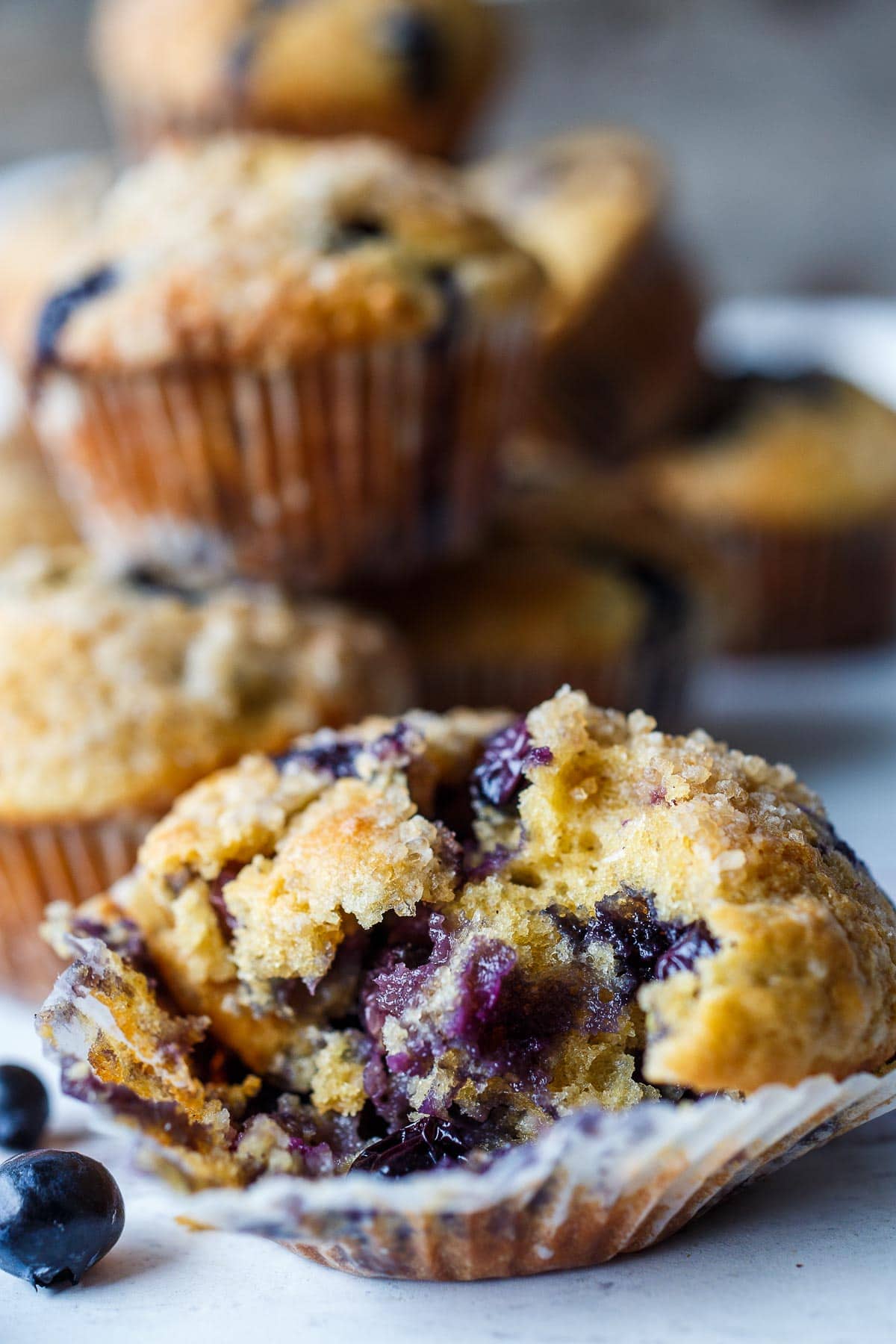 The center of tender Blueberry Muffins with lemon, vanilla and cardamon. 