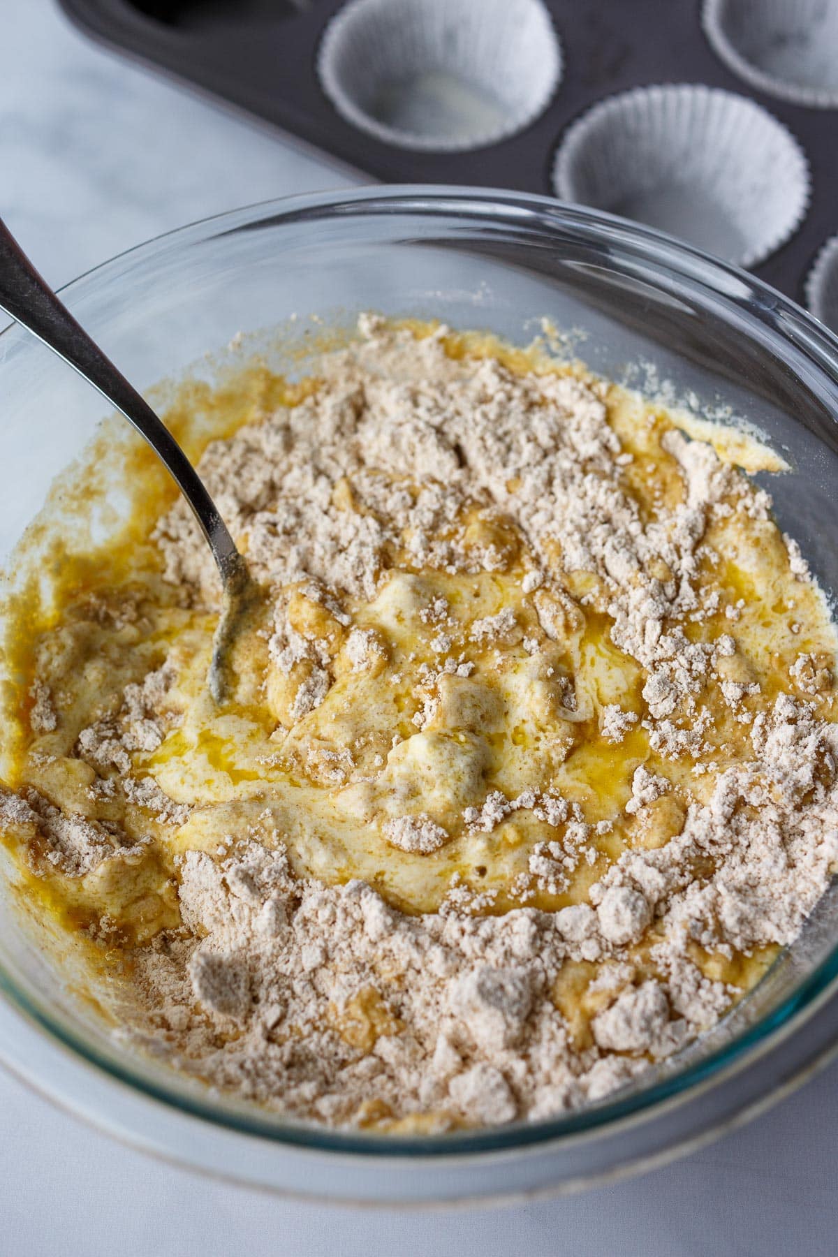 Muffin batter in a bowl.