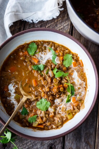 This simple Indian lentil soup with garam masala is delicious and ultra comforting and can be made in 40 minutes. Vegan!