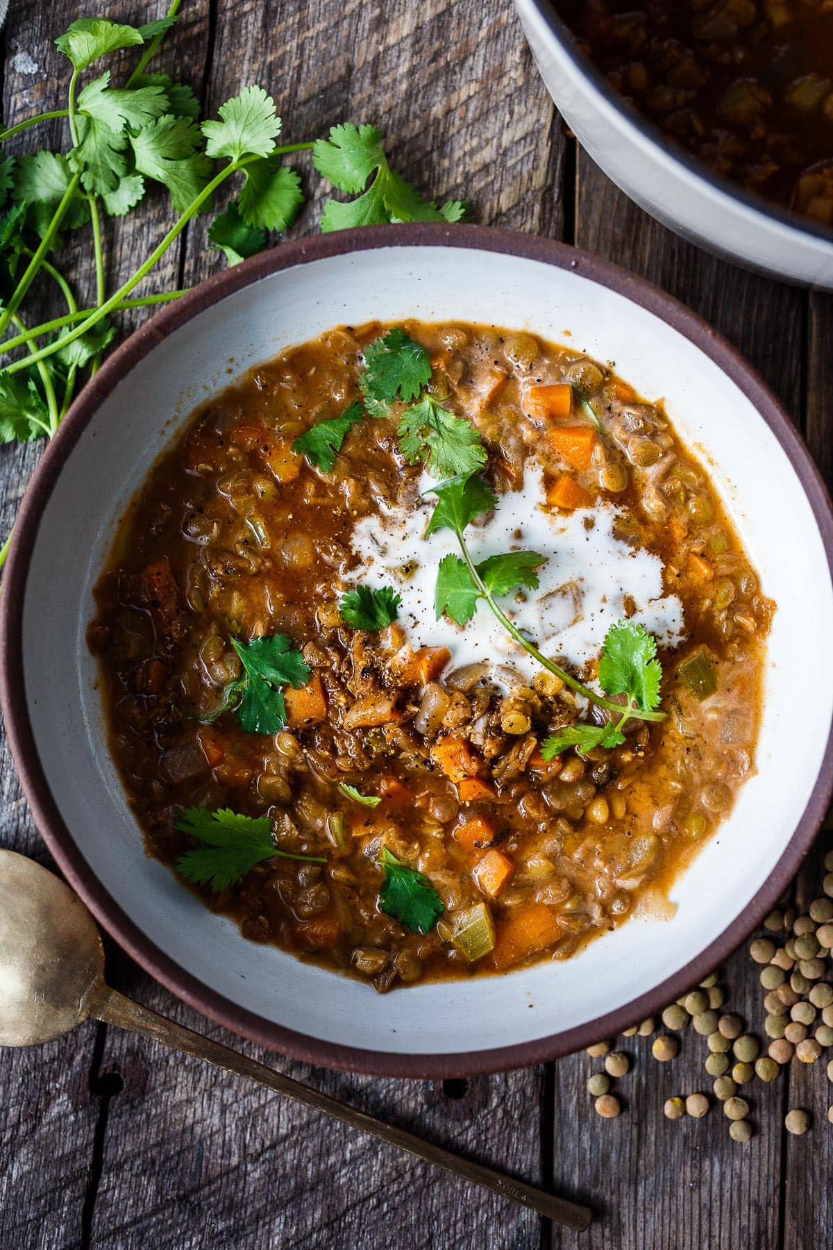 Indian lentil soup with garam masala in a bowl with cilantro and coconut milk. 