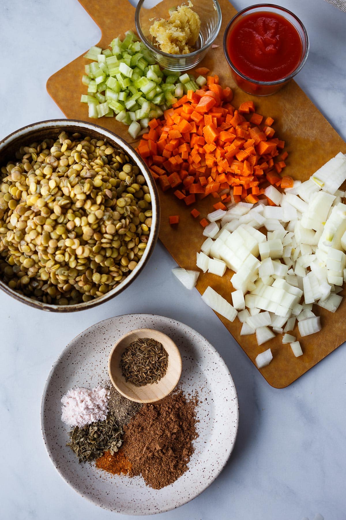 Ingredients for lentil soup with garam masala.