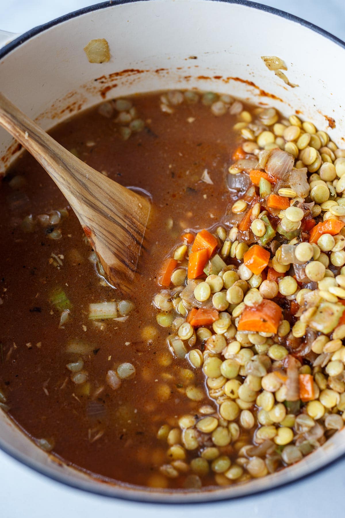 Lentil soup mixed together before cooking.