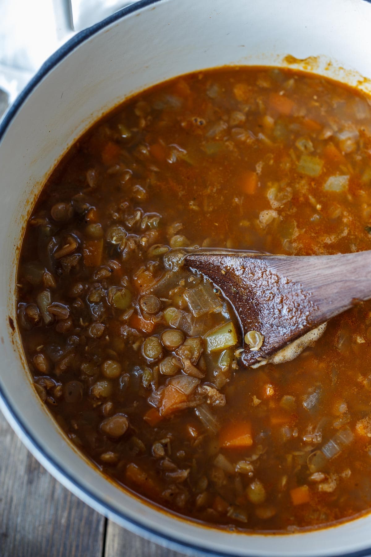 Lentil soup simmers.