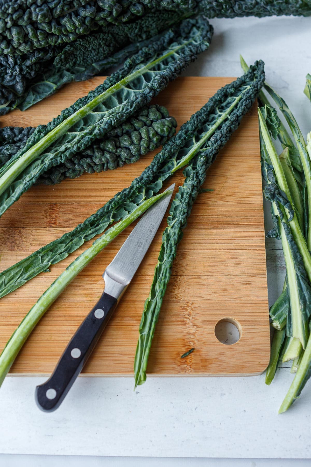 Ribs cut out of kale leaf.