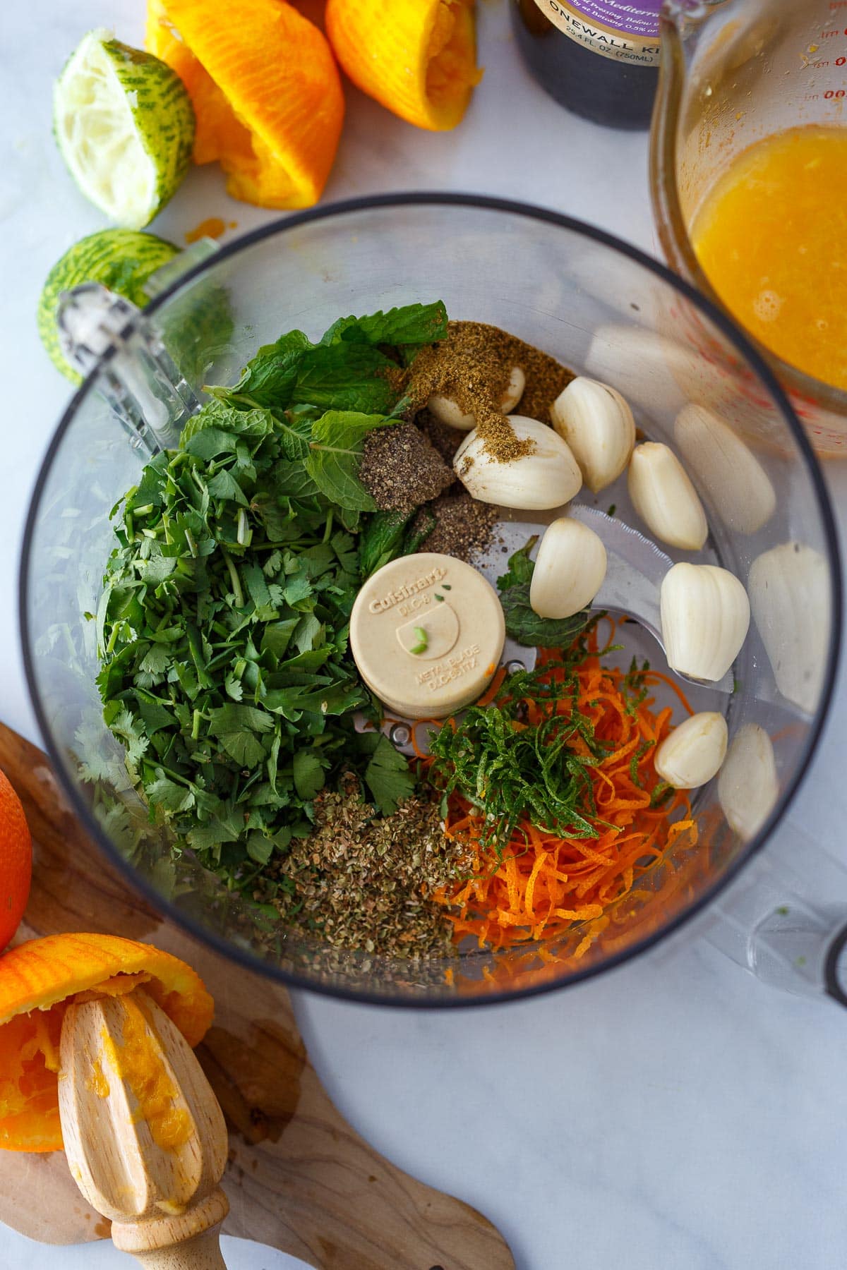 Ingredients for the marinade in a food processor.