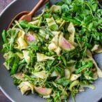 Pasta Primavera or "Spring Pasta" highlights tender spring vegetables-asparagus, peas, leeks and pea shoots, tossed with pappardelle, lemon zest, olive oil and spring herbs.