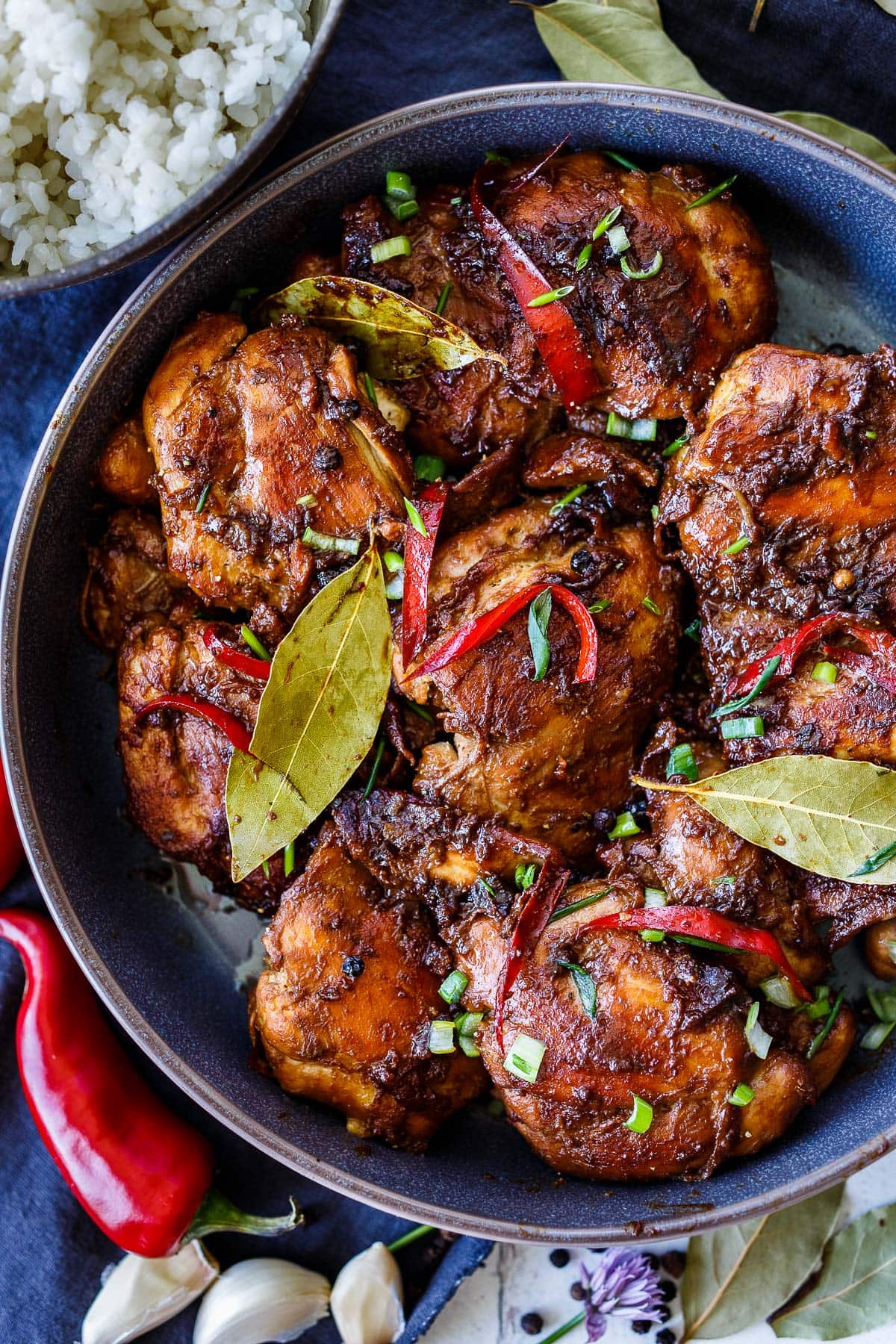 Chicken adobo in a serving bowl.