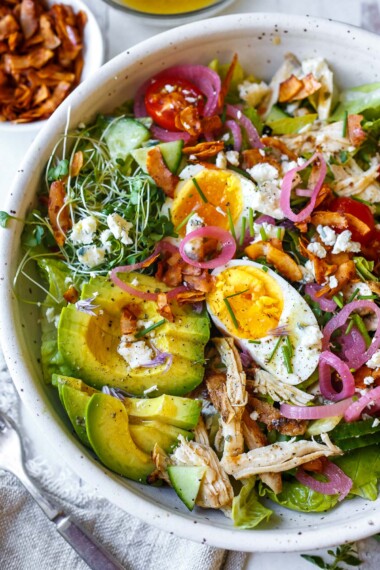 This Cobb Salad is the perfect meal for warm weather days. A light, fresh, and delicious protein-rich dinner with a flavorful red wine vinaigrette.