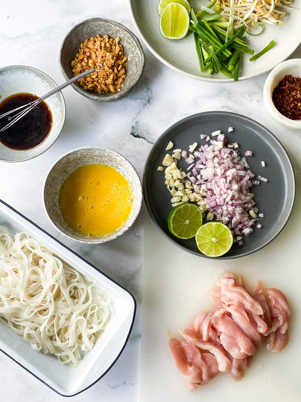 prepped ingredients for stir frying the pad thai.