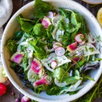 Simple, herby, and delicious, this spring salad recipe is made with tender spring greens, fresh herbs, shaved fennel, and radishes tossed in a lemon dressing