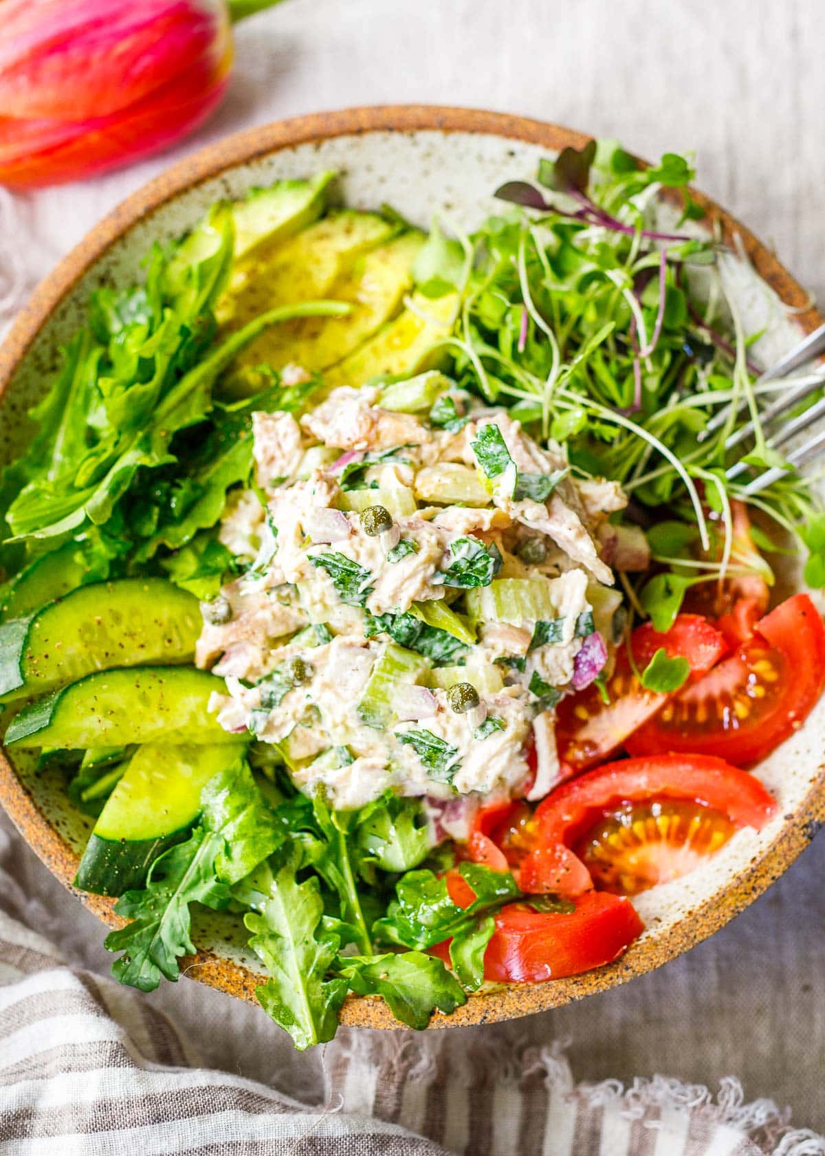 A classic recipe for Chicken Salad that is easy to make and full of flavor!  Make it with leftover chicken- a tasty way to repurpose it into a different meal!