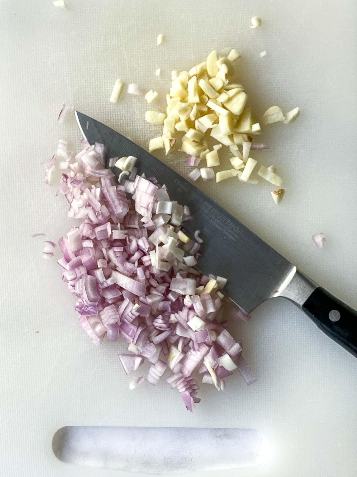 Chopping shallot and garlic. 