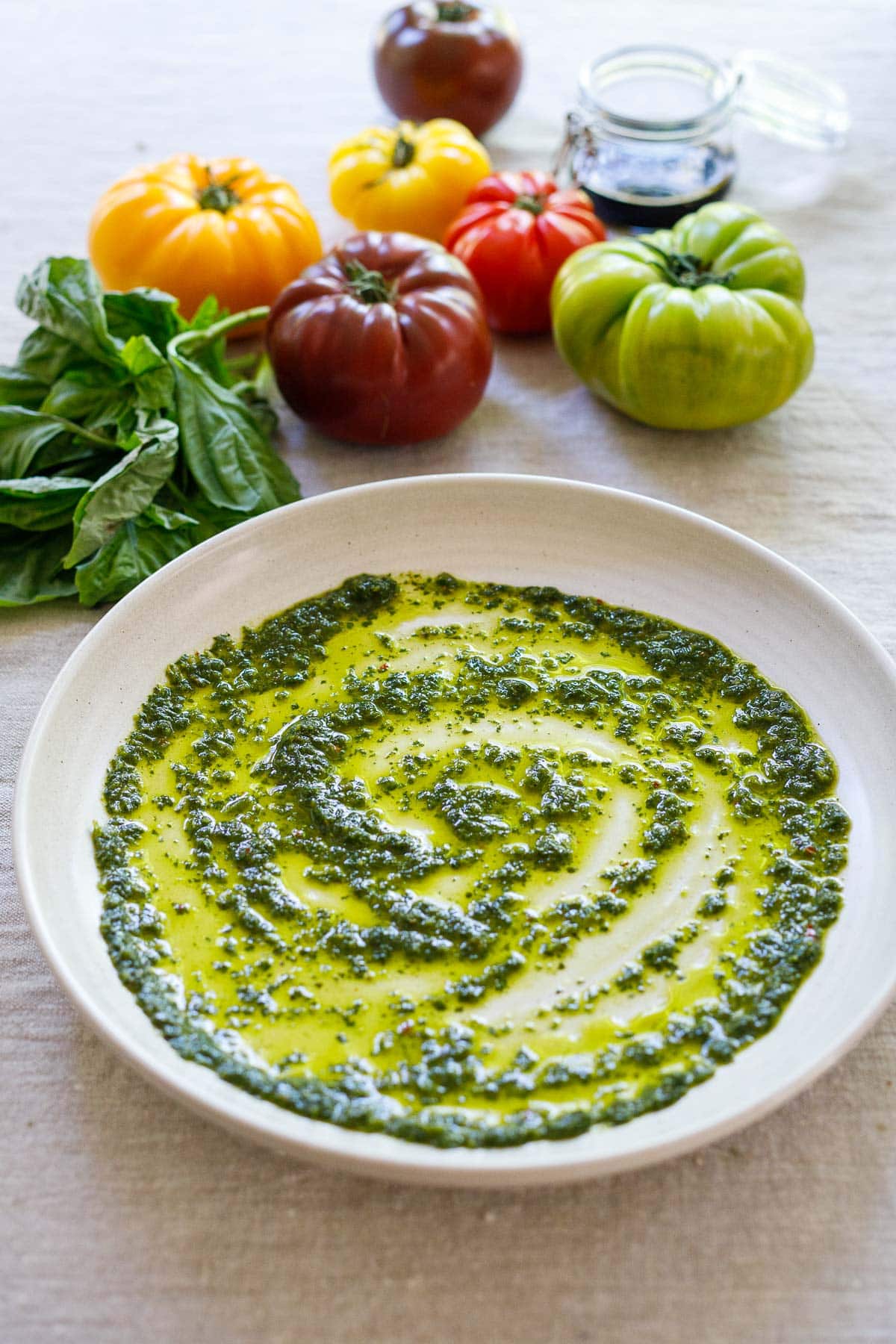 basil oil on a platter.