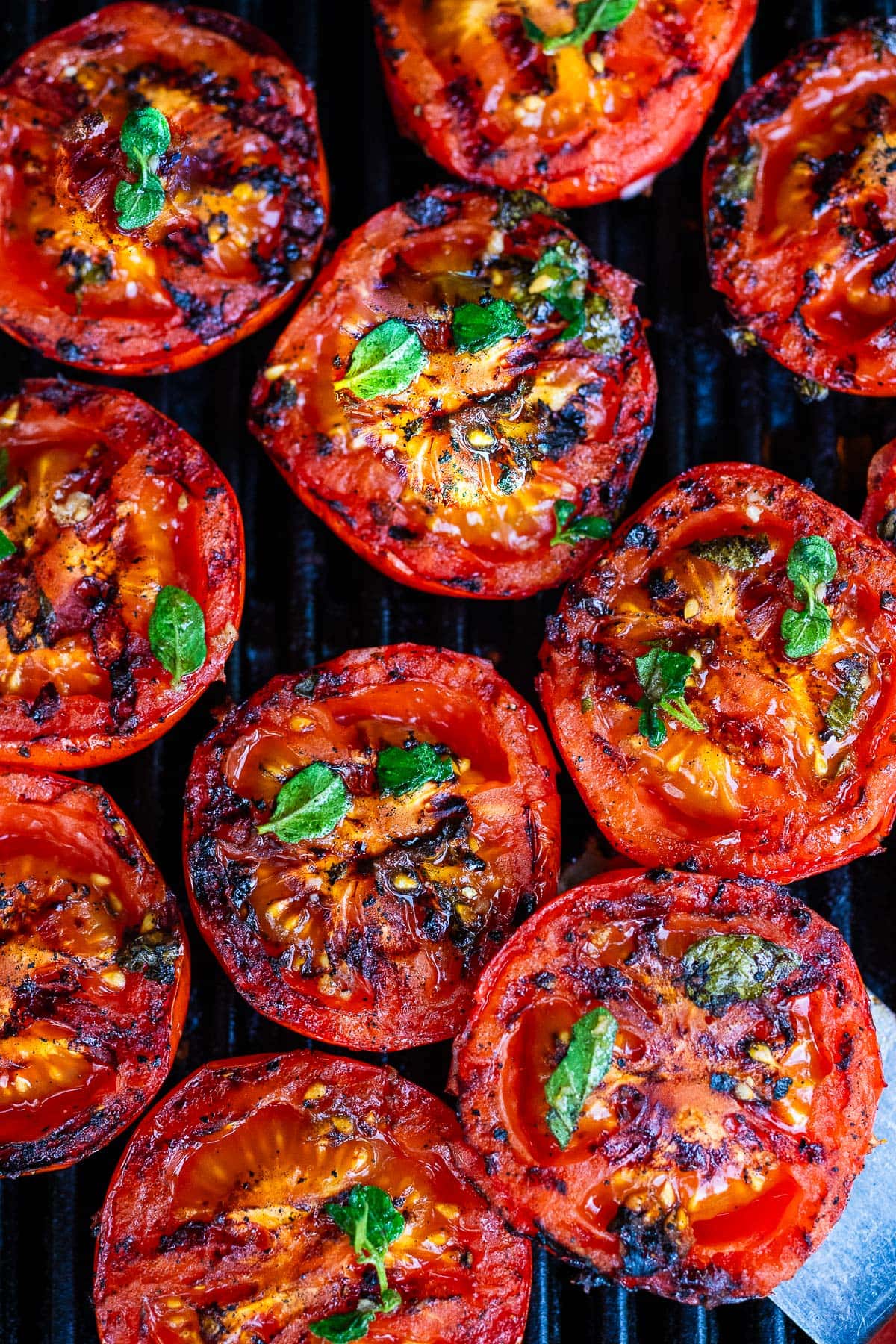 Savory grilled tomatoes with garlic and oregano, olive oil and balsamic vinegar. A delicious, healthy, summery side dish in 20 minutes! Vegan