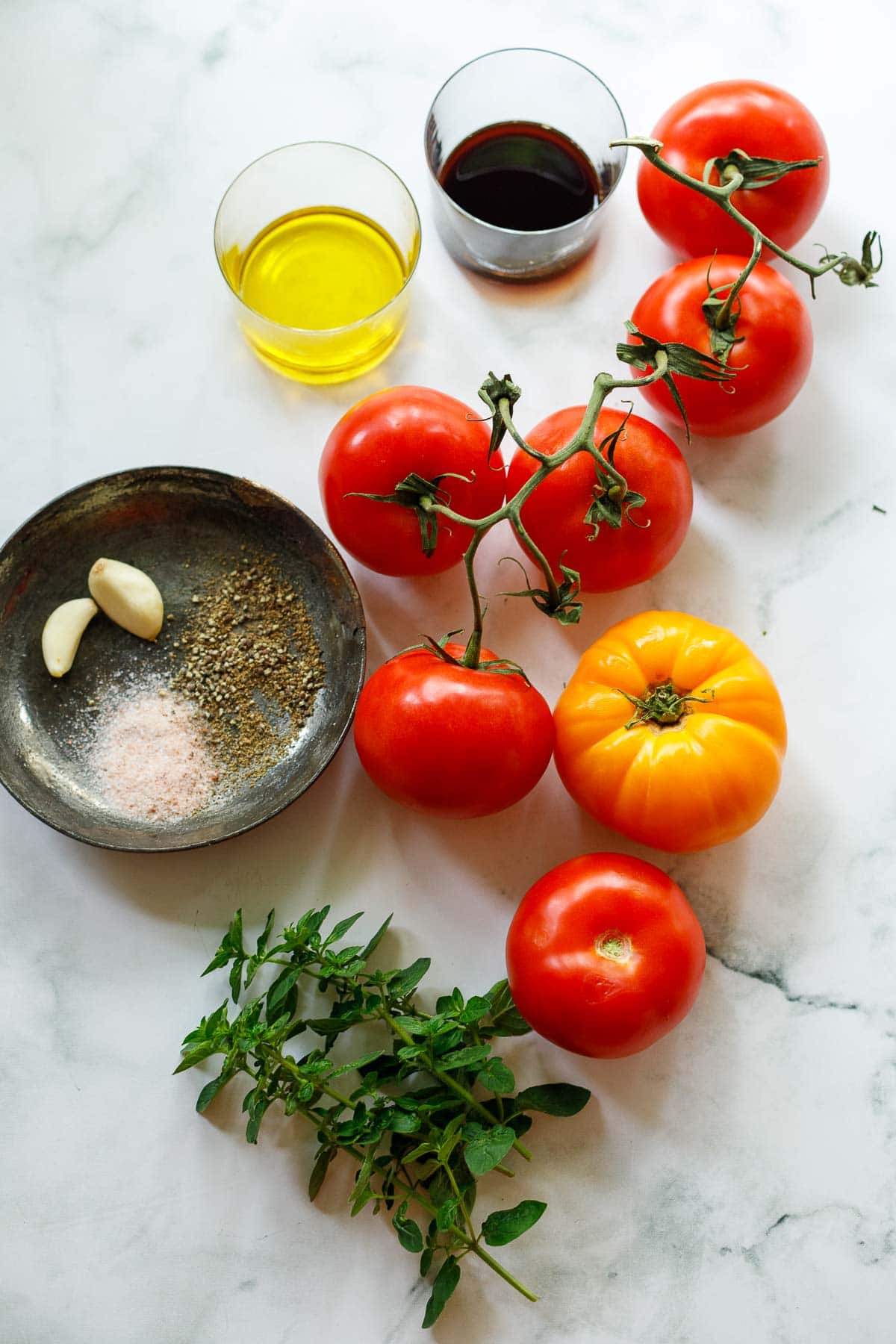 Ingredients: garlic, olive oil, oregano, balsamic vinegar, and salt and pepper. 
