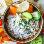 A delicious healthy take on French Onion Dip made with caramelized onions, creamy Greek yogurt, and fresh herbs. A perfect make ahead appetizer for potlucks and parties.