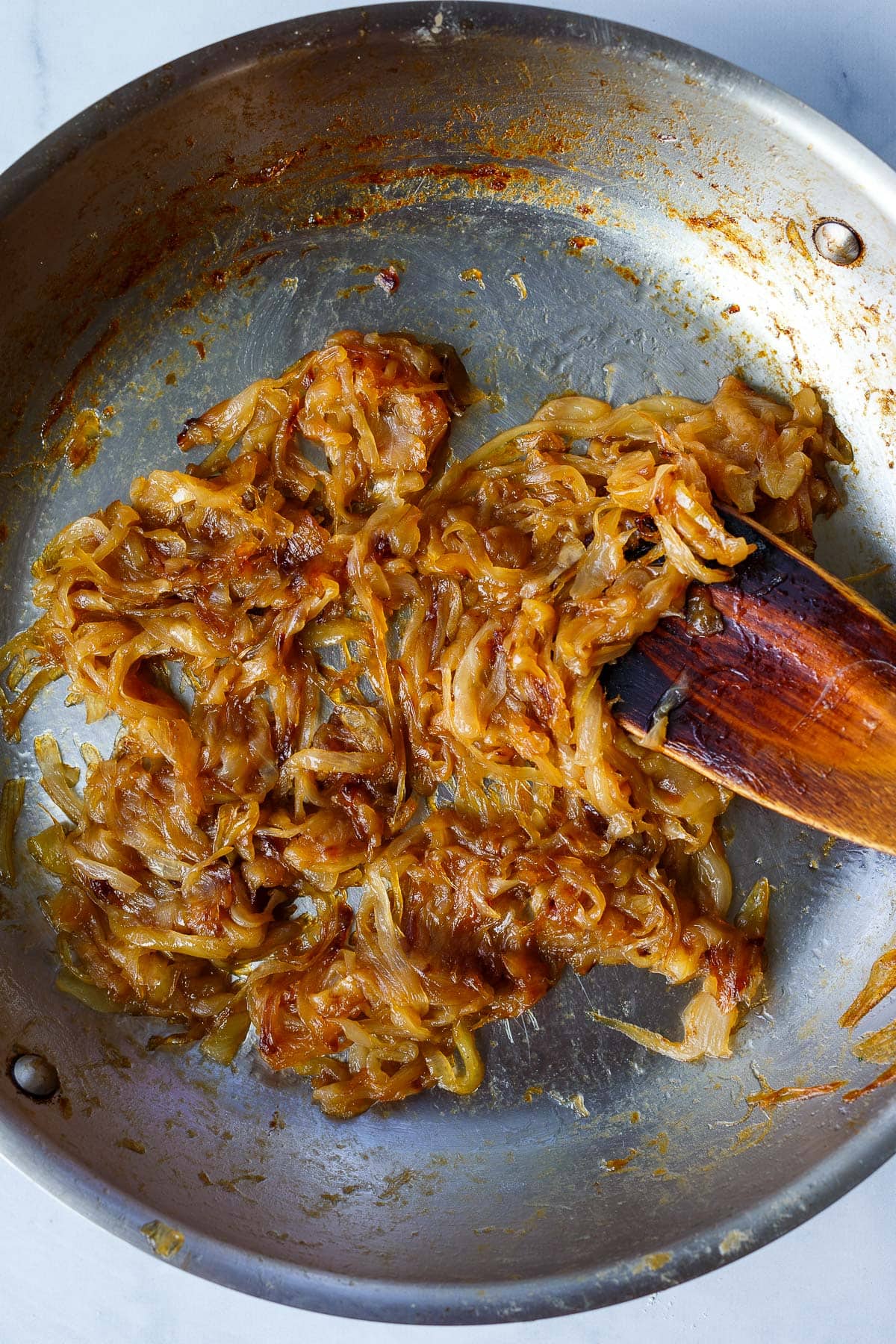 Caramelized onions in pan.