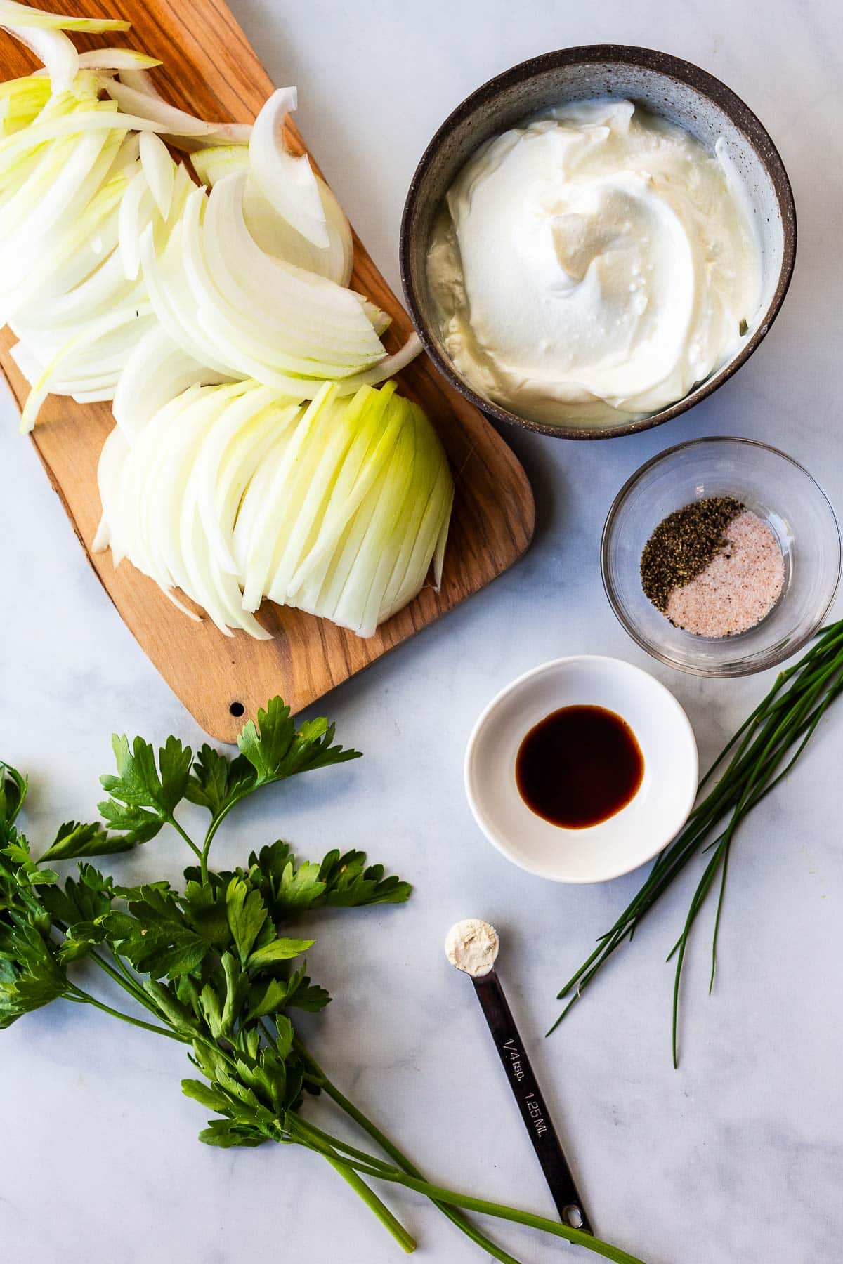 Ingredients in French onion dip- made with carmelized onions and yogurt. 