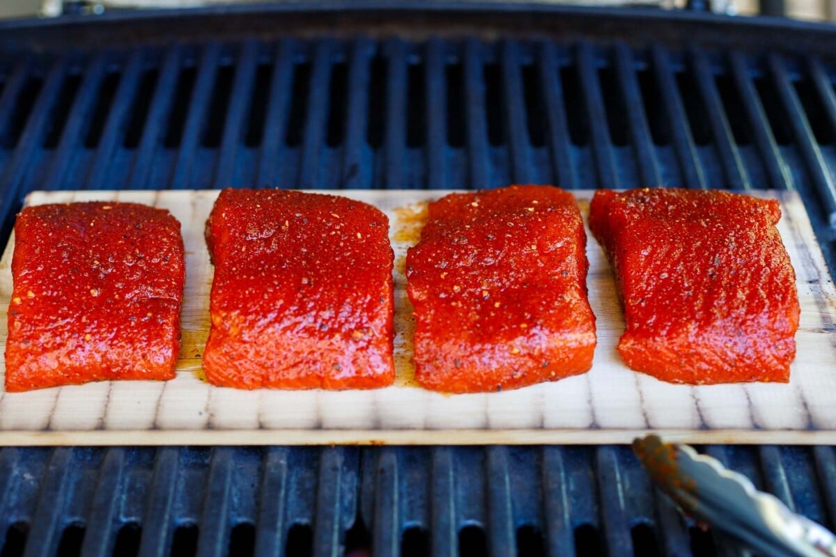 grilling the salmon on cedar planks