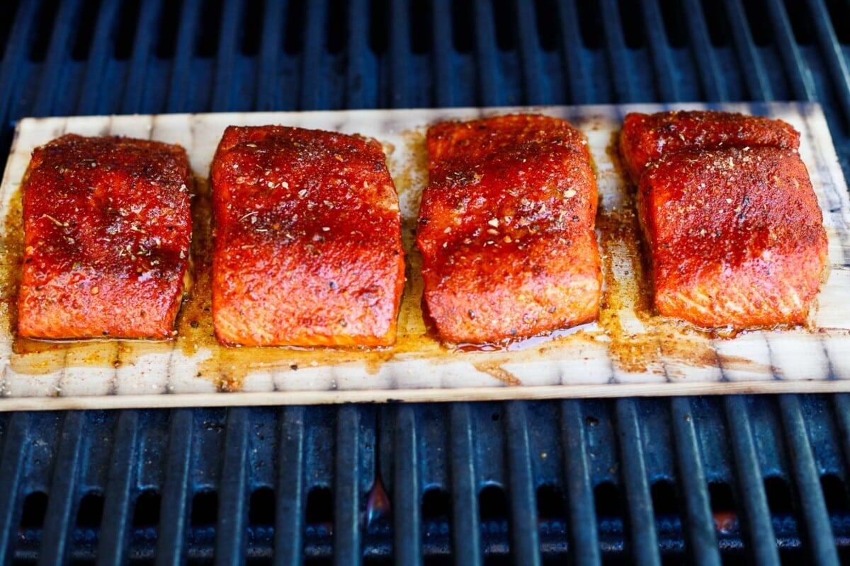 grilled salmon on plank on the grill.