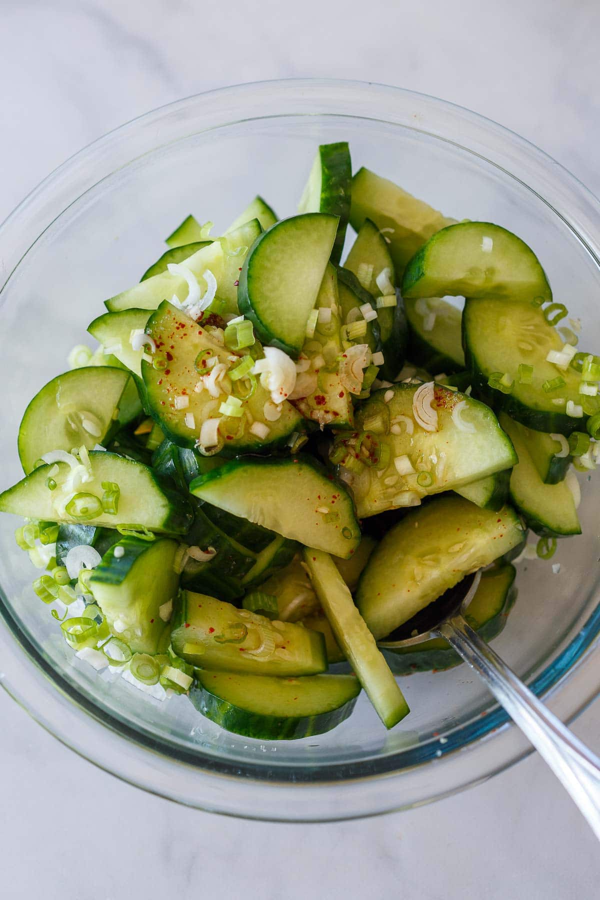 Assembling Korean Cucumber Salad.