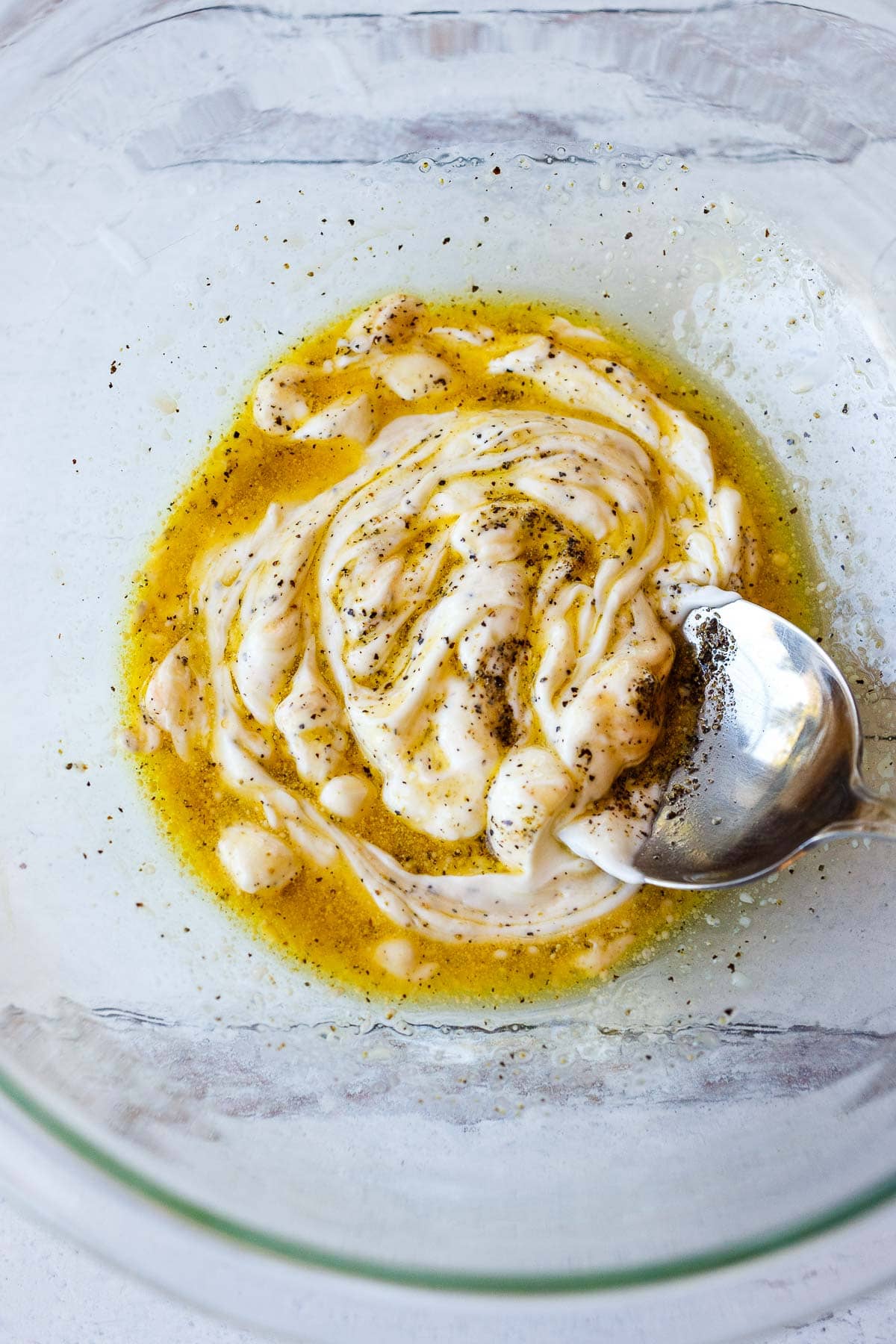 Pea Salad dressing made with yogurt.