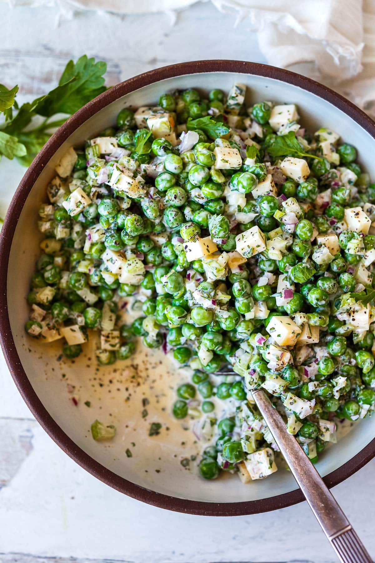 healthy pea salad in a bowl.
