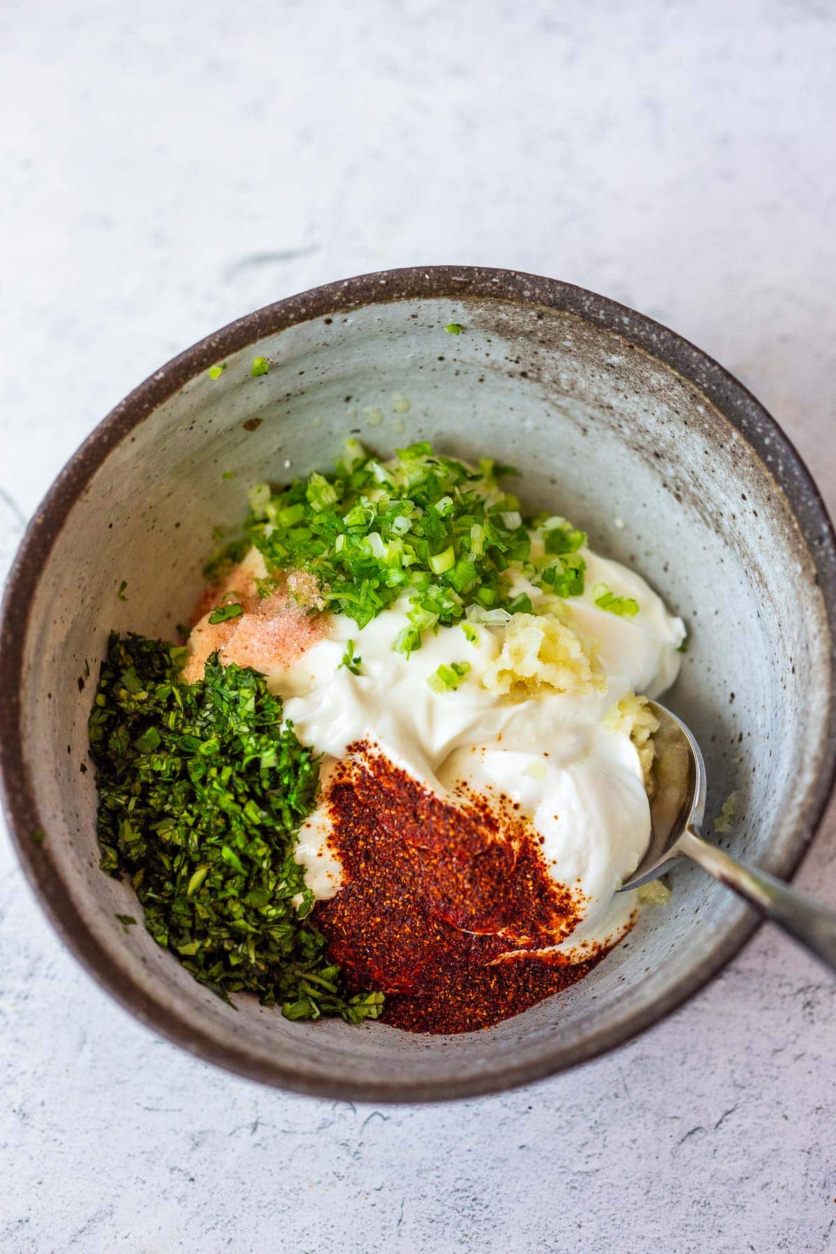 Chipotle Ranch Dressing ingredients in a bowl.