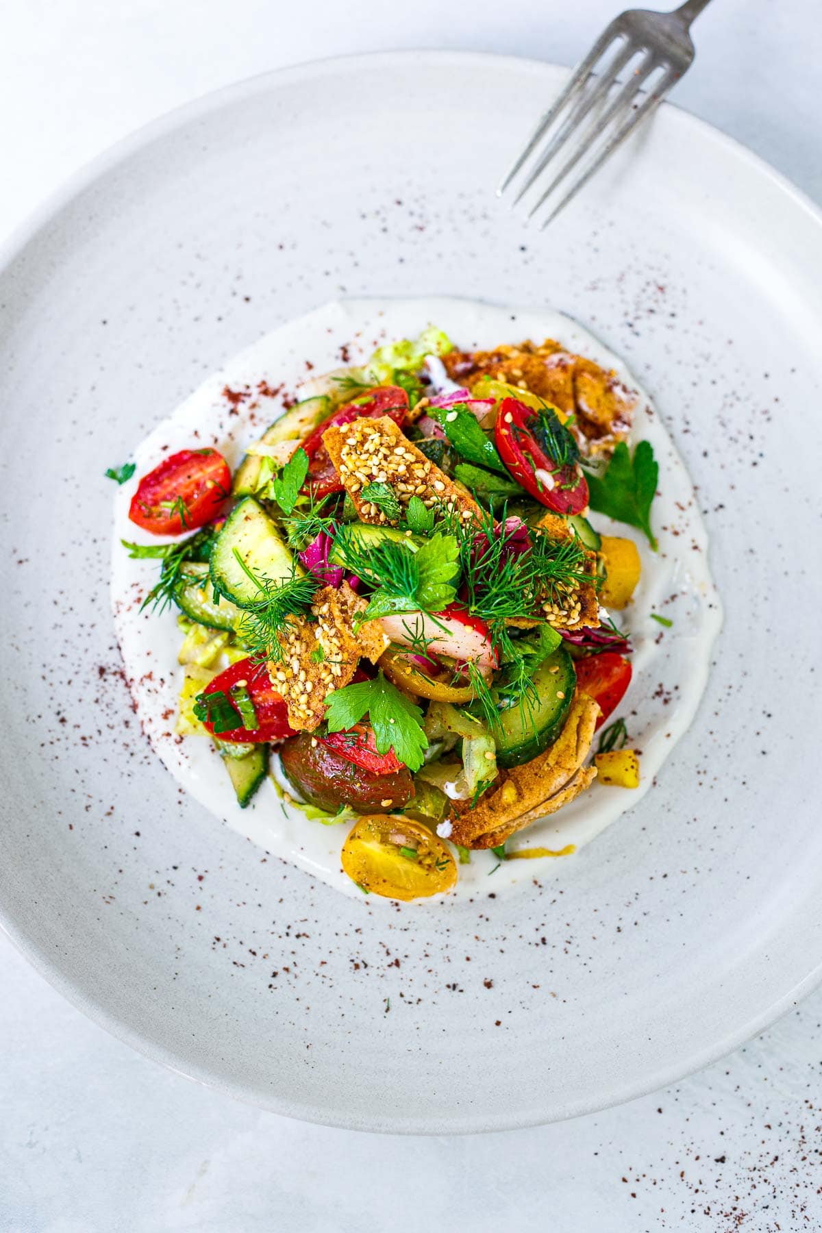 Fattoush salad piled over creamy yogurt sauce on a white plate. 