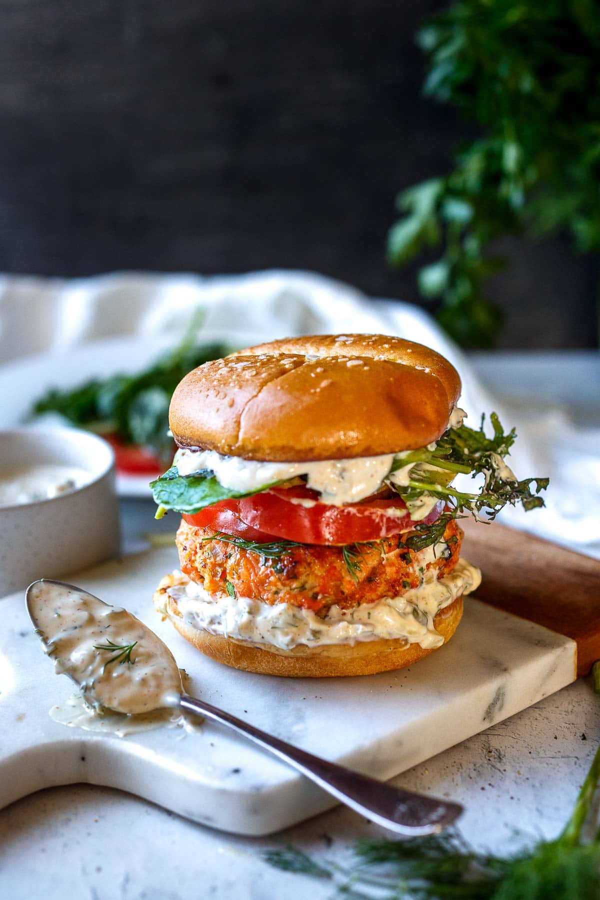 Recipe: Salmon Burgers & Aioli with Corn, Arugula & Fresh Oregano