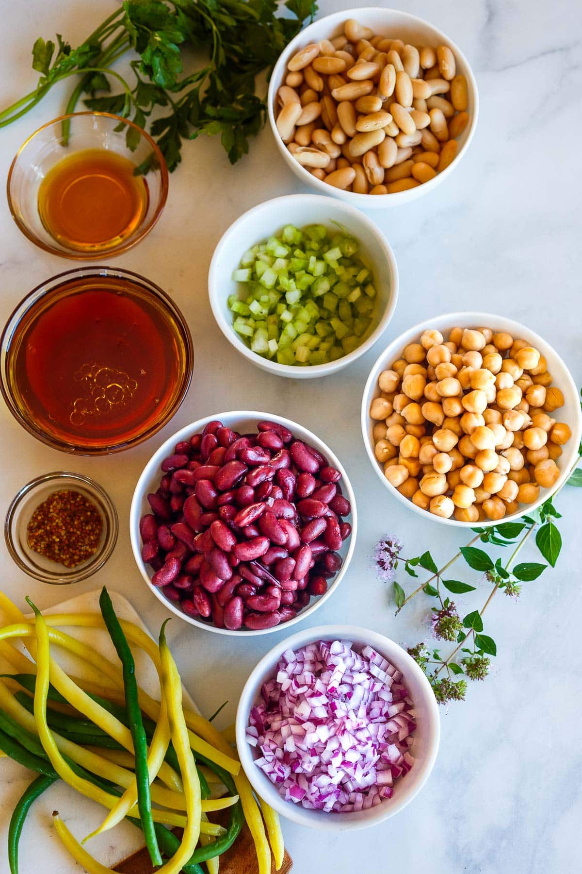 Ingredients prepped for three bean salad.