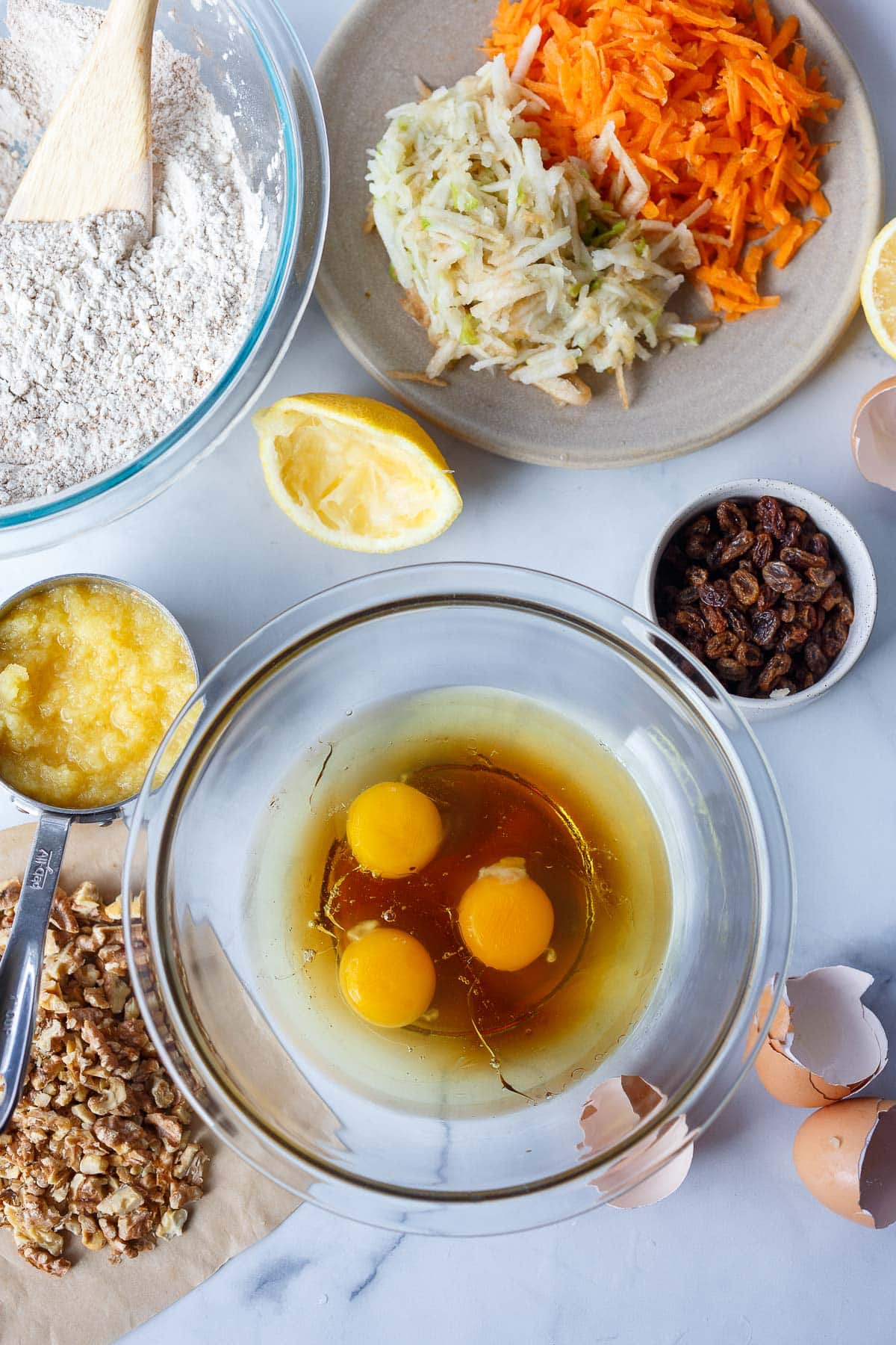 Wet ingredients in Morning Glory Muffins.