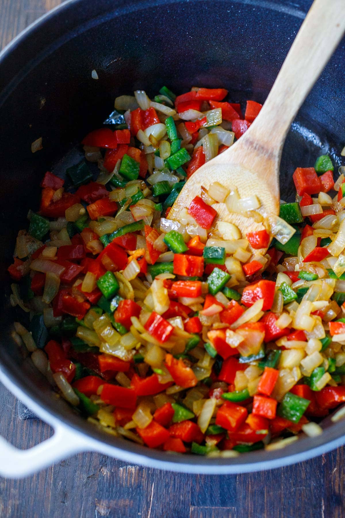 sautéed onions and peppers in soup pot