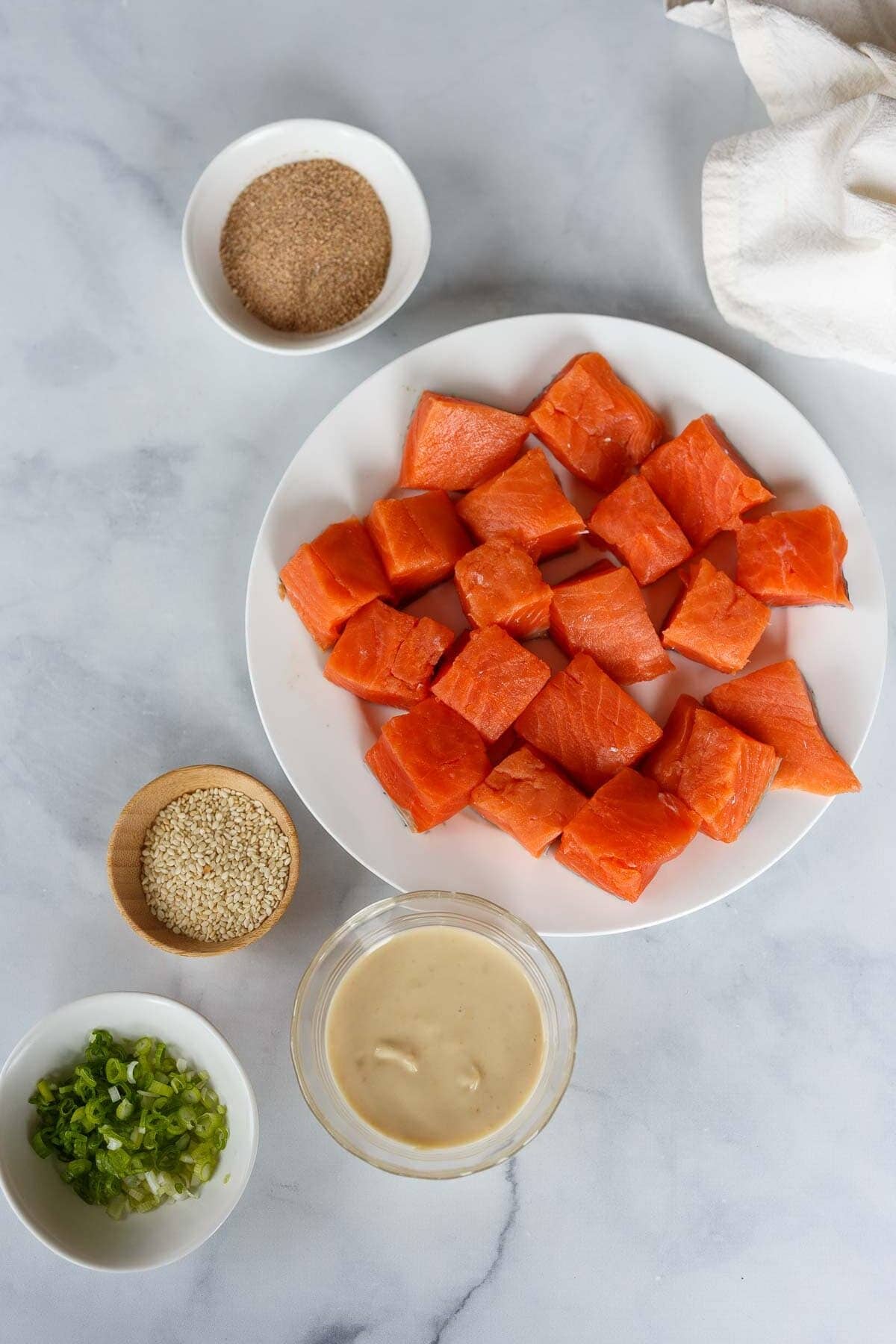 Ingredients for air fryer salmon bites.