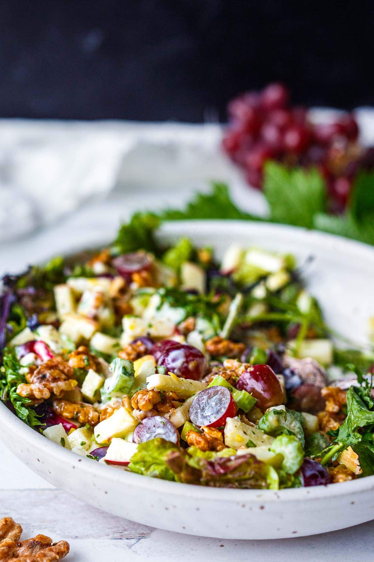 An updated lively version of the classic Waldorf Salad recipe combining the crisp sweetness of apples and grapes with the crunch of celery and walnuts, all tossed in a creamy Greek yogurt dressing for a refreshing and satisfying salad!