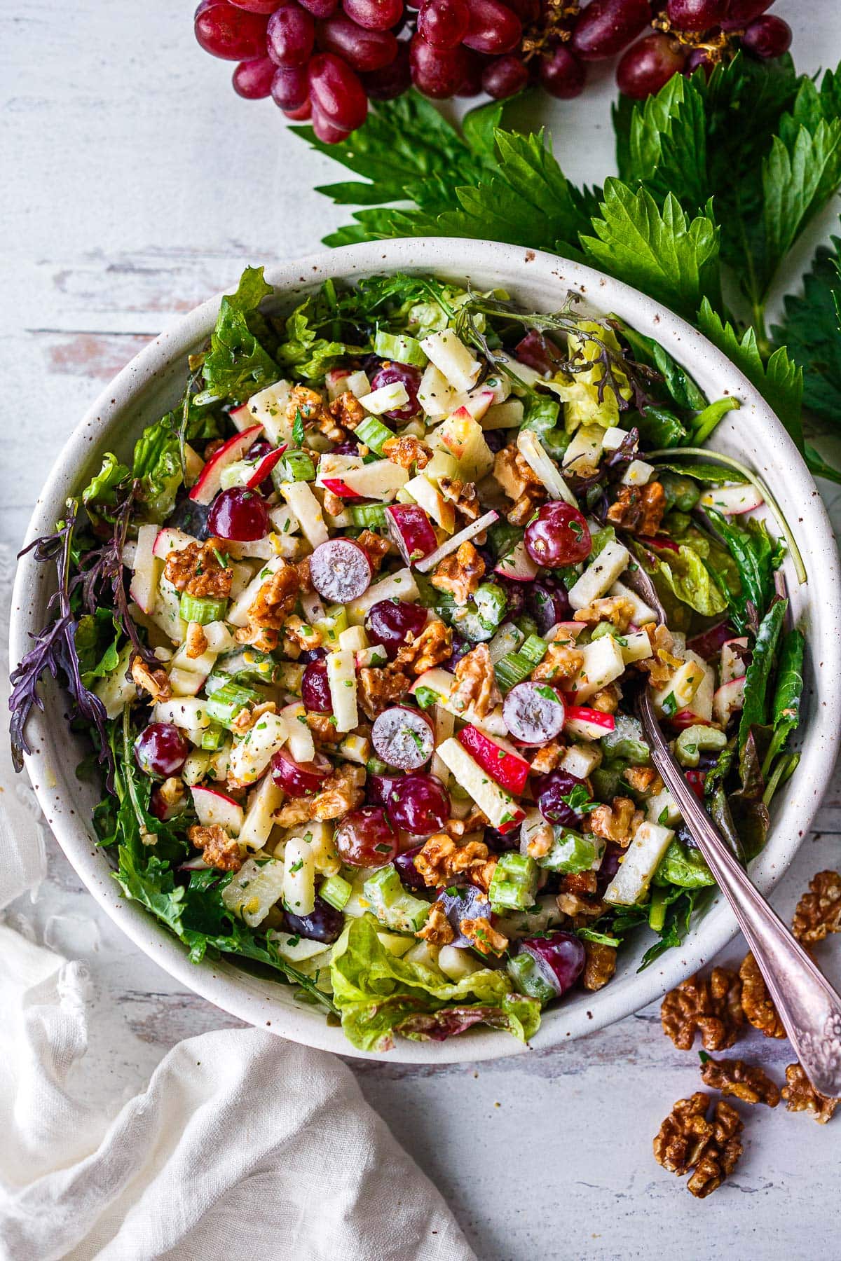 An updated lively version of the classic Waldorf Salad recipe combining the crisp sweetness of apples and grapes with the crunch of celery and walnuts, all tossed in a creamy Greek yogurt dressing for a refreshing and satisfying salad!