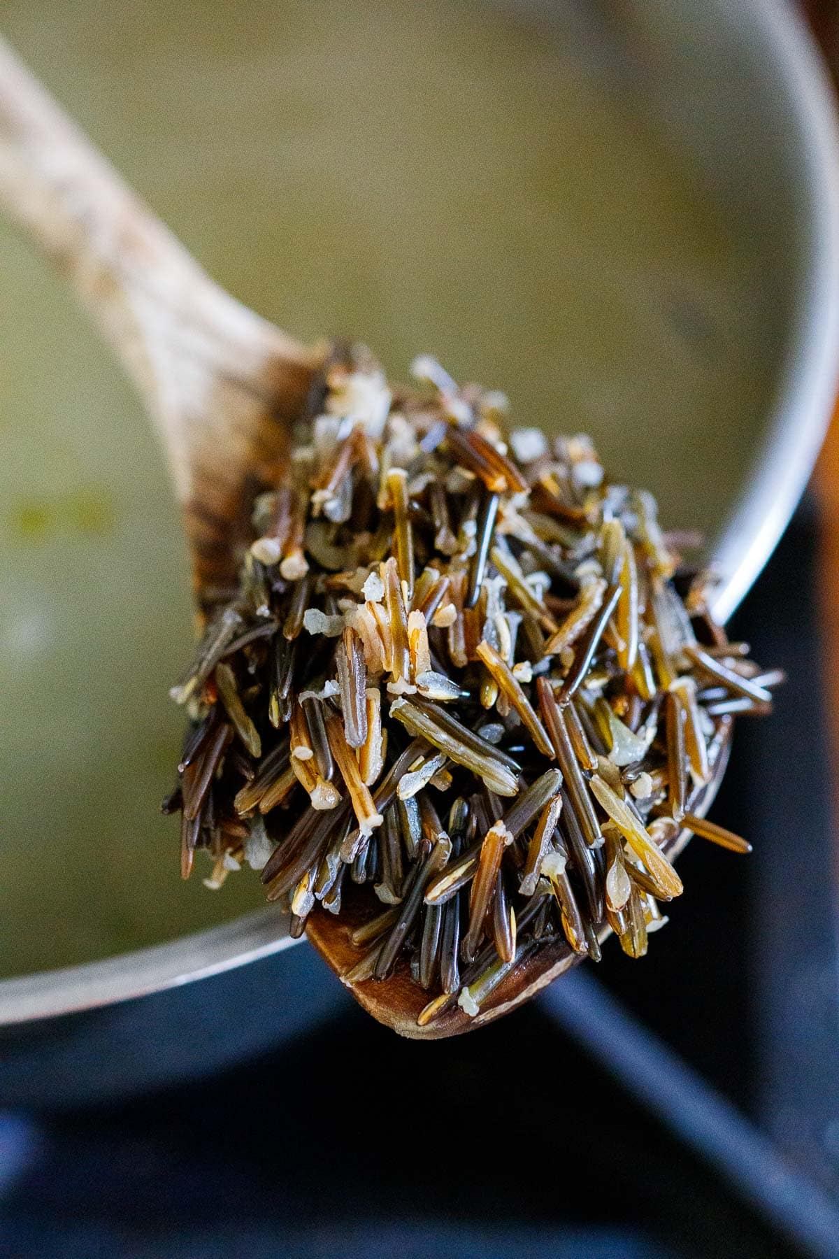 Cooked wild rice on a spoon. 