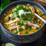 This delicious White Bean Chicken Chili is made with tender shredded chicken, white beans, poblano chilies, cilantro, coriander and lime- a tasty one-pot meal the whole family will love! www.feastingathome.com