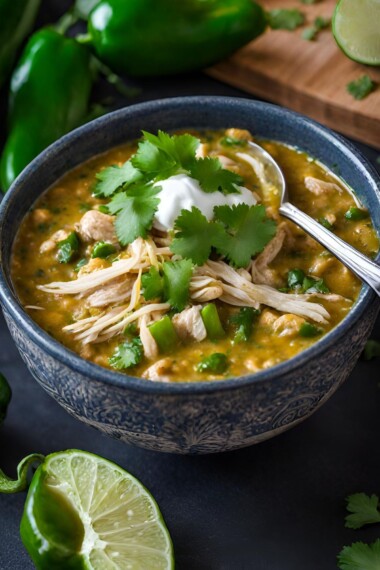 This delicious White Bean Chicken Chili is made with tender shredded chicken, white beans, poblano chilies, cilantro, coriander and lime- a tasty one-pot meal the whole family will love! www.feastingathome.com