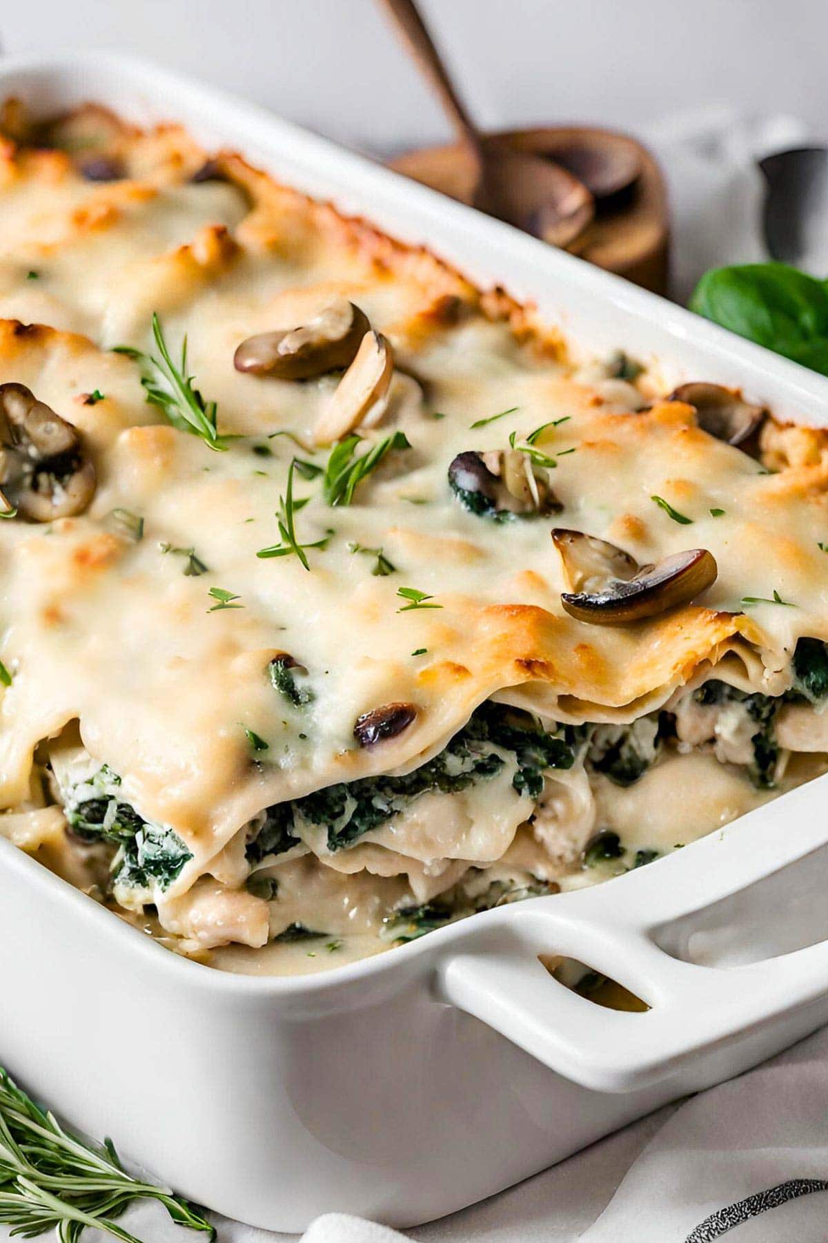 This creamy chicken lasagna is cozy and comforting perfect for chilly winter nights. It's made with chicken, mushrooms spinach and rosemary in a creamy bechamel sauce. It can easily be made vegetarian- just leave out the chicken and double the mushrooms!